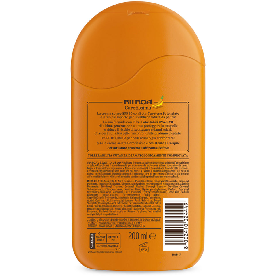 Bilboa Carotissima Crema Solare SPF 10 200ml – Protezione Bassa con Beta-Carotene