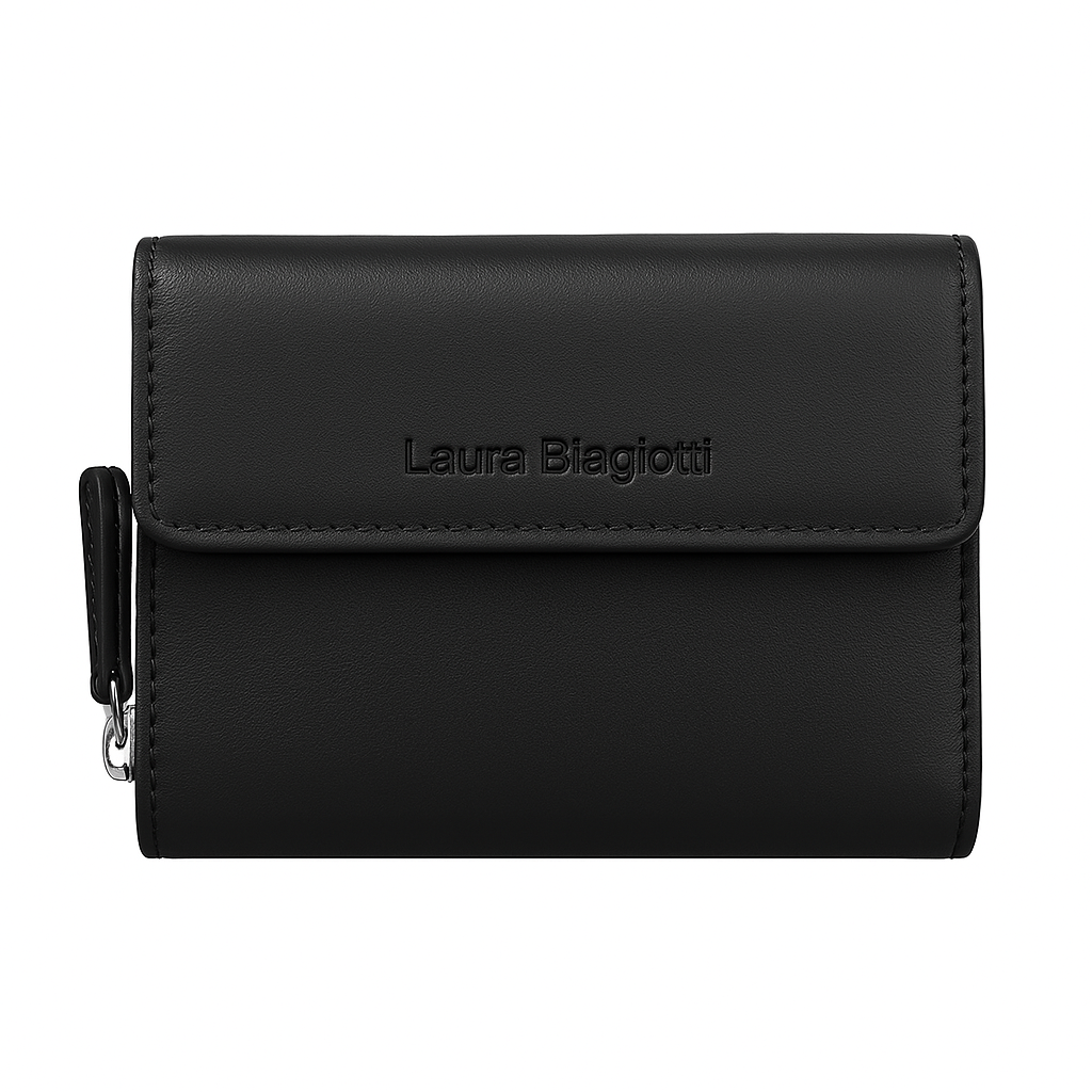 Elegante portafoglio Laura Biagiotti da donna in pelle nera, con chiusura a bottone e zip laterale