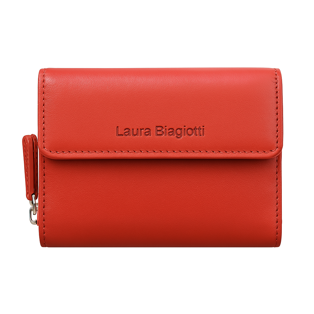 Portafoglio rosso in pelle per donna Laura Biagiotti, stile compatto con finiture cucite e logo inciso
