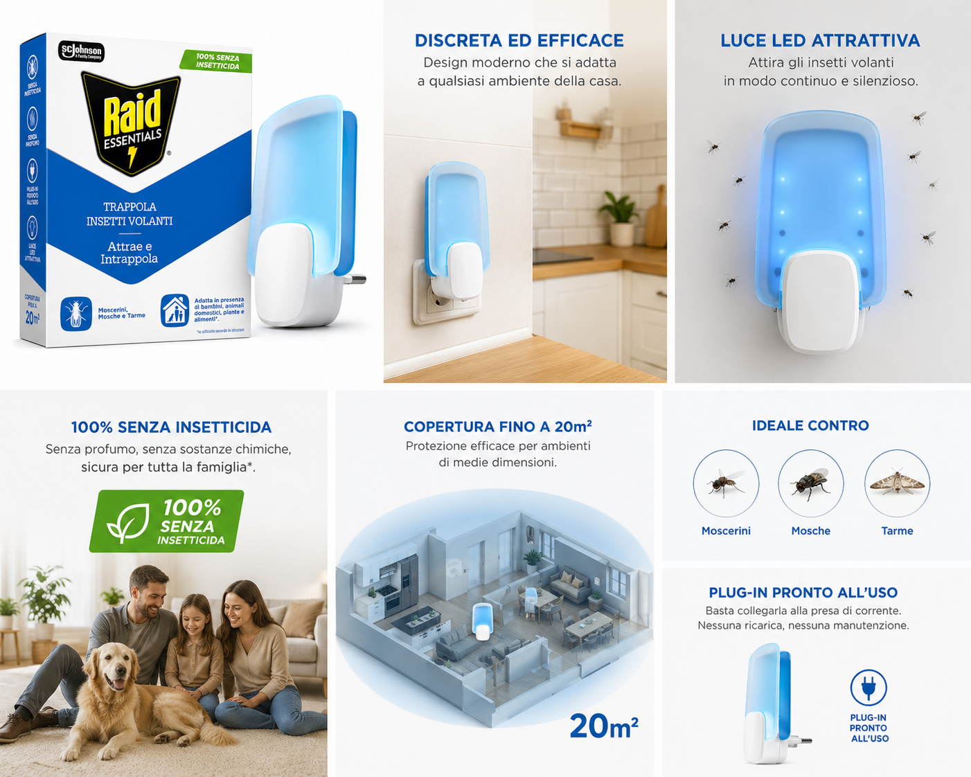 Raid Essentials Trappola per Insetti Volanti Plug-In 100% Senza Insetticida