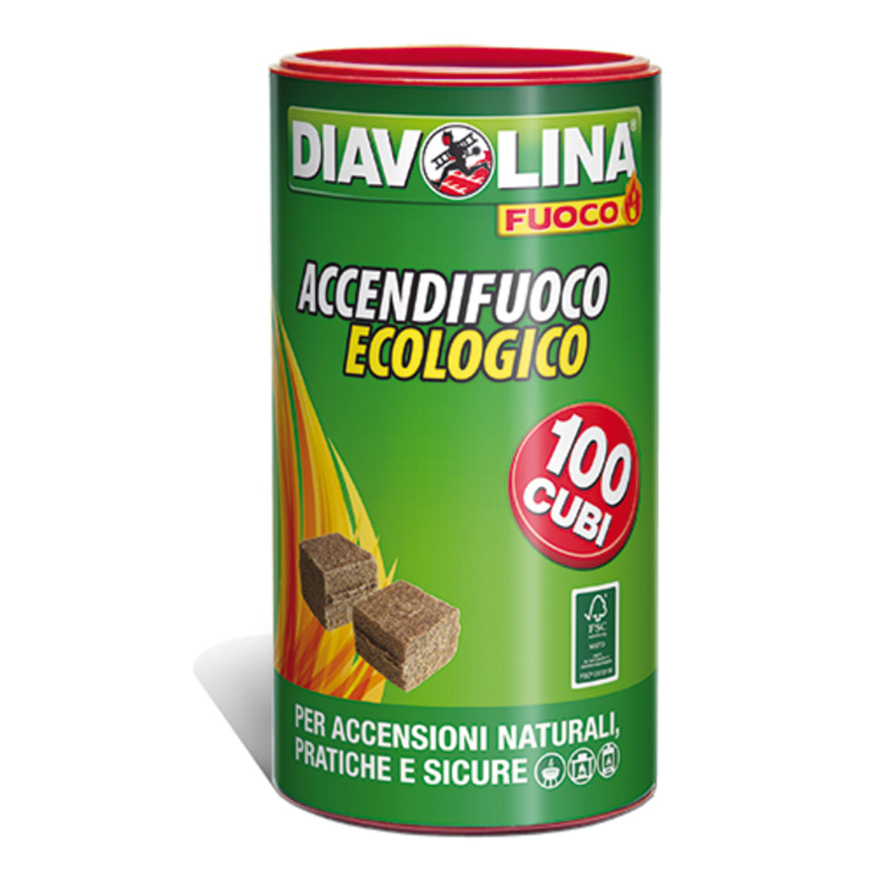 Confezione di accendifuoco ecologici Diavolina con cento cubi naturali per barbecue, camini e stufe