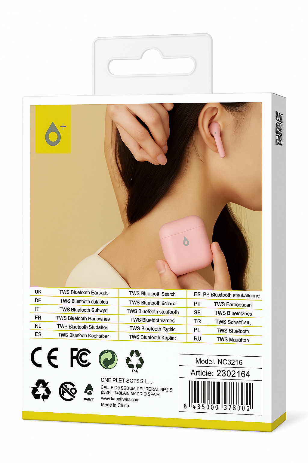 Auricolari Bluetooth TWS NC3216 rosa con custodia di ricarica, microfono integrato e controllo touch