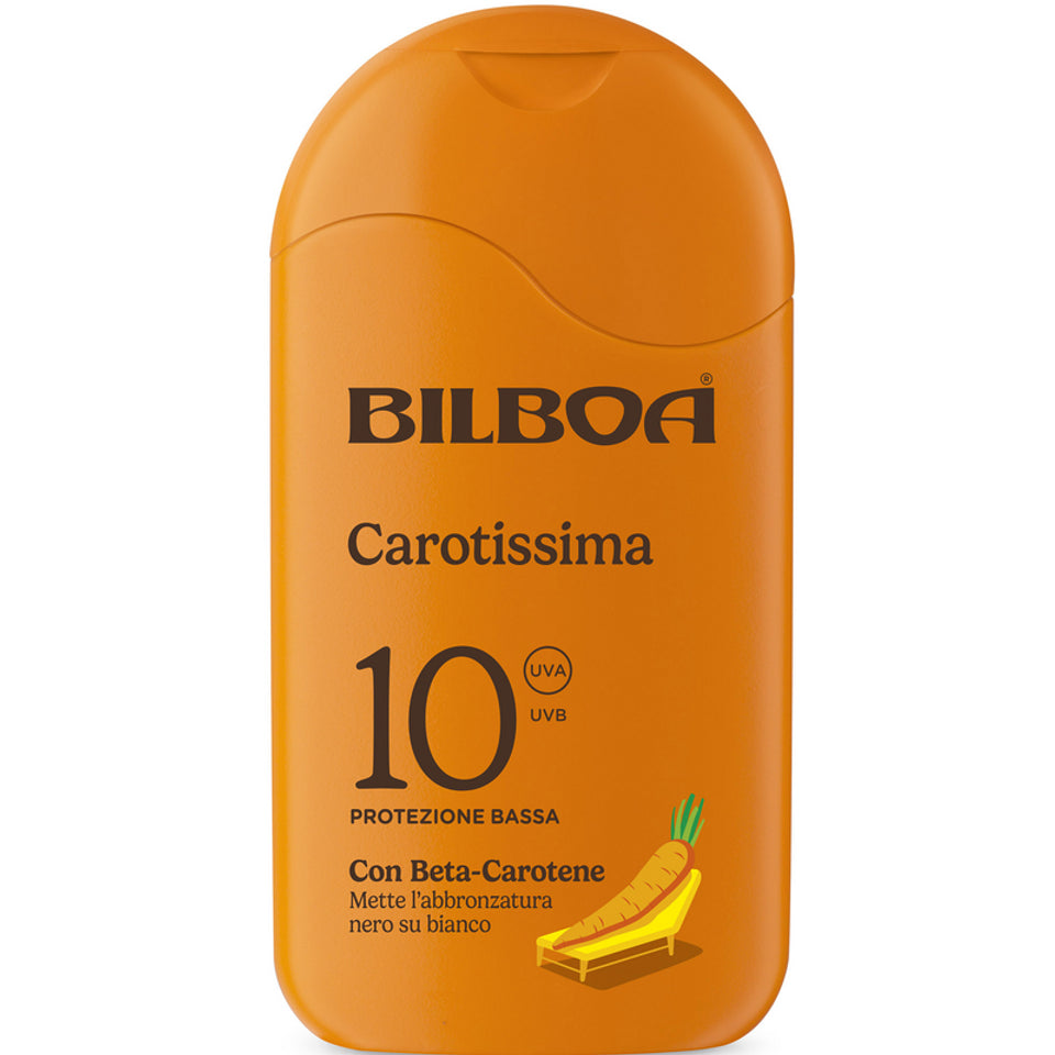 Bilboa Carotissima Crema Solare SPF 10 da 200 ml, con Beta-Carotene, protezione bassa e resistente all’acqua, ideale per pelli scure o già abbronzate.
