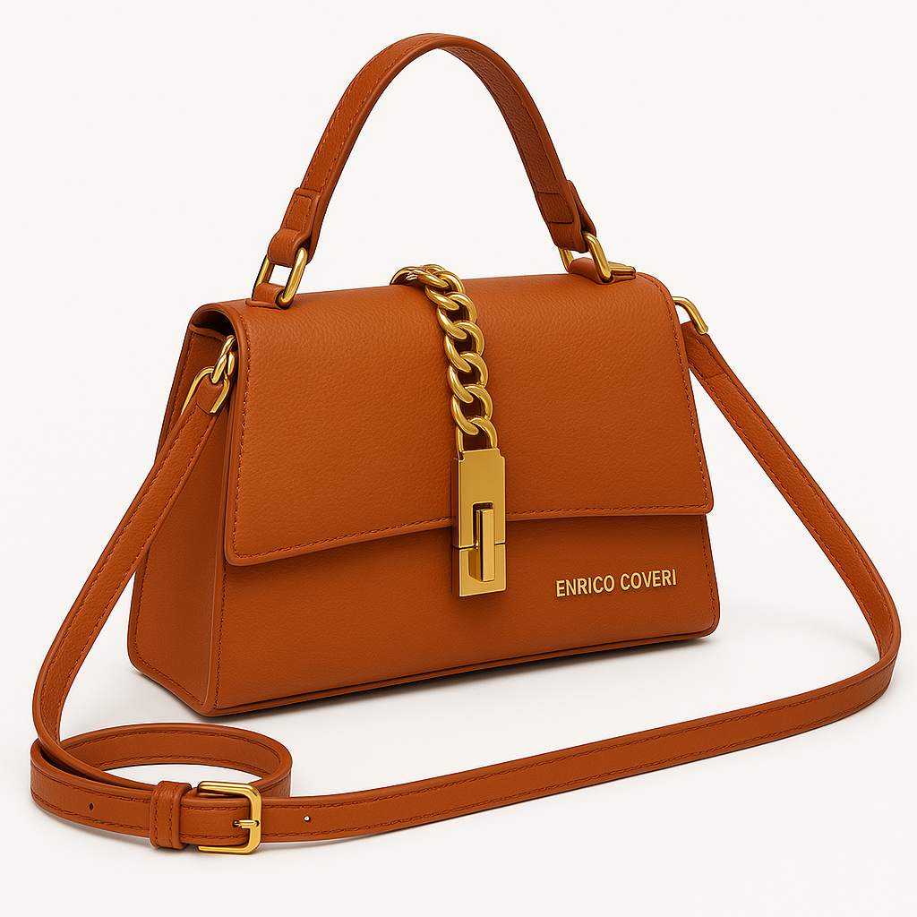Borsa Enrico Coveri vista frontale con catena dorata, chiusura decorativa e logo in rilievo