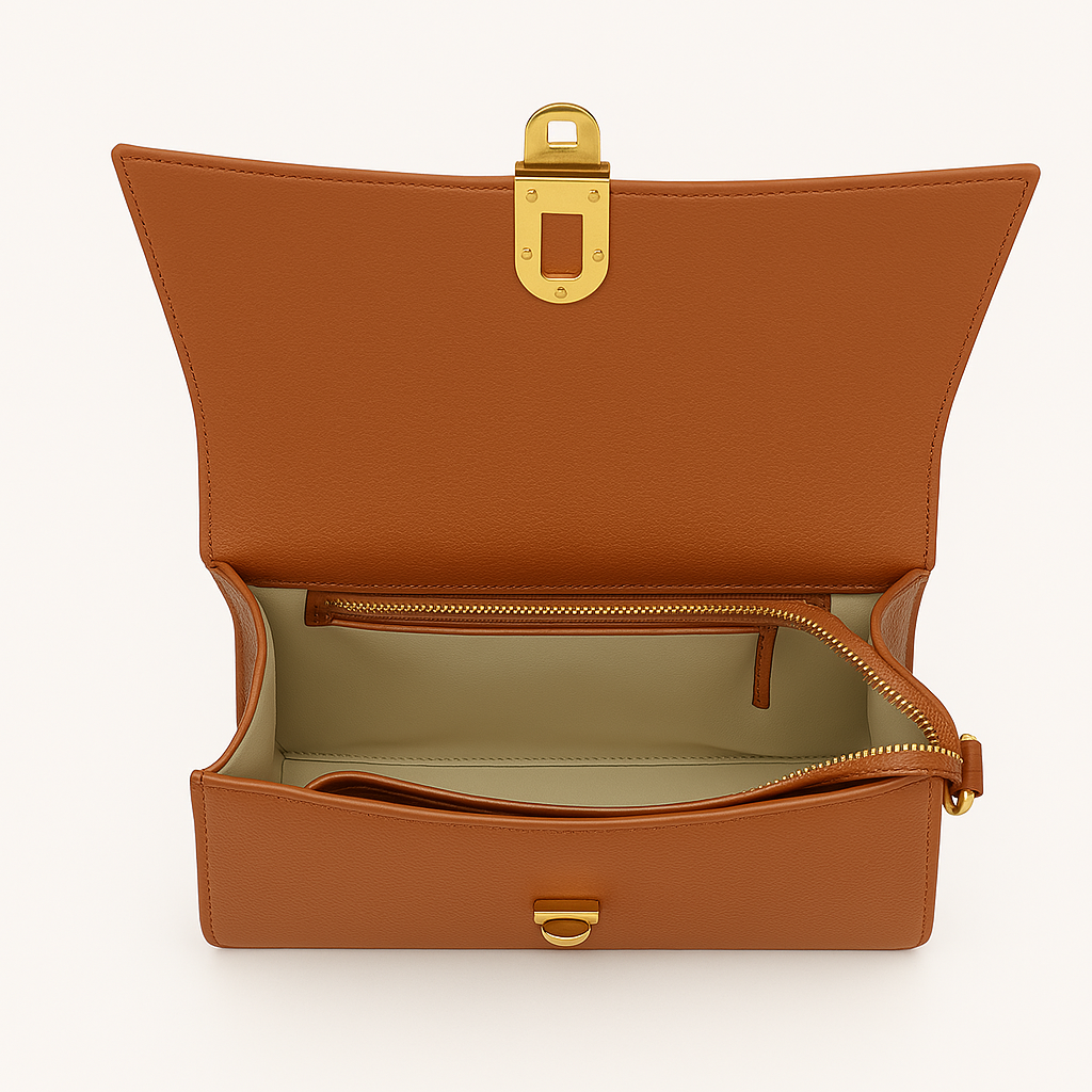 Interno spazioso della borsa Enrico Coveri con fodera beige, zip interna e chiusura a scatto dorata