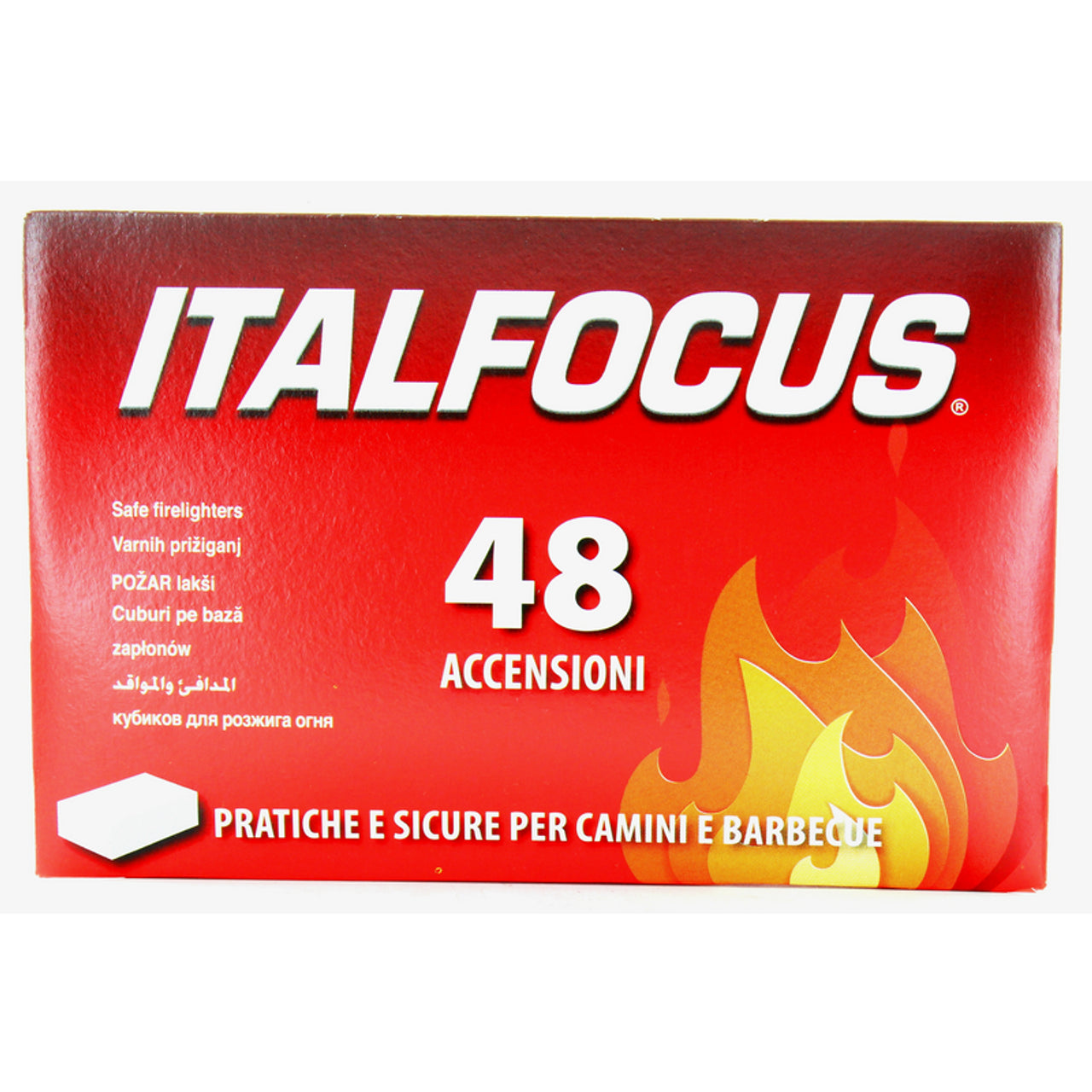 Accendifuoco Italfocus con 48 cubi per camini, stufe e barbecue – confezione rossa con fiamma