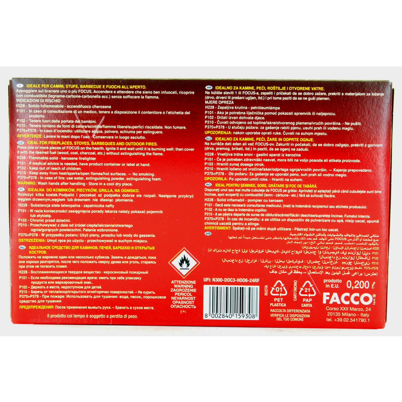 Retro confezione Italfocus Accendifuoco 48 cubi con istruzioni multilingua, avvertenze di sicurezza e dati del produttore