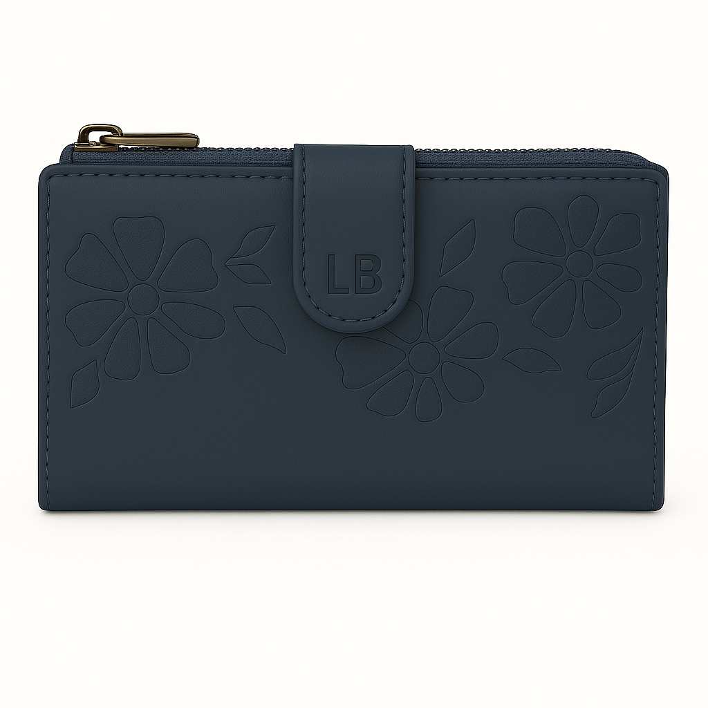 Portafoglio da donna modello ART 21 in pelle blu scuro con dettagli floreali in rilievo.