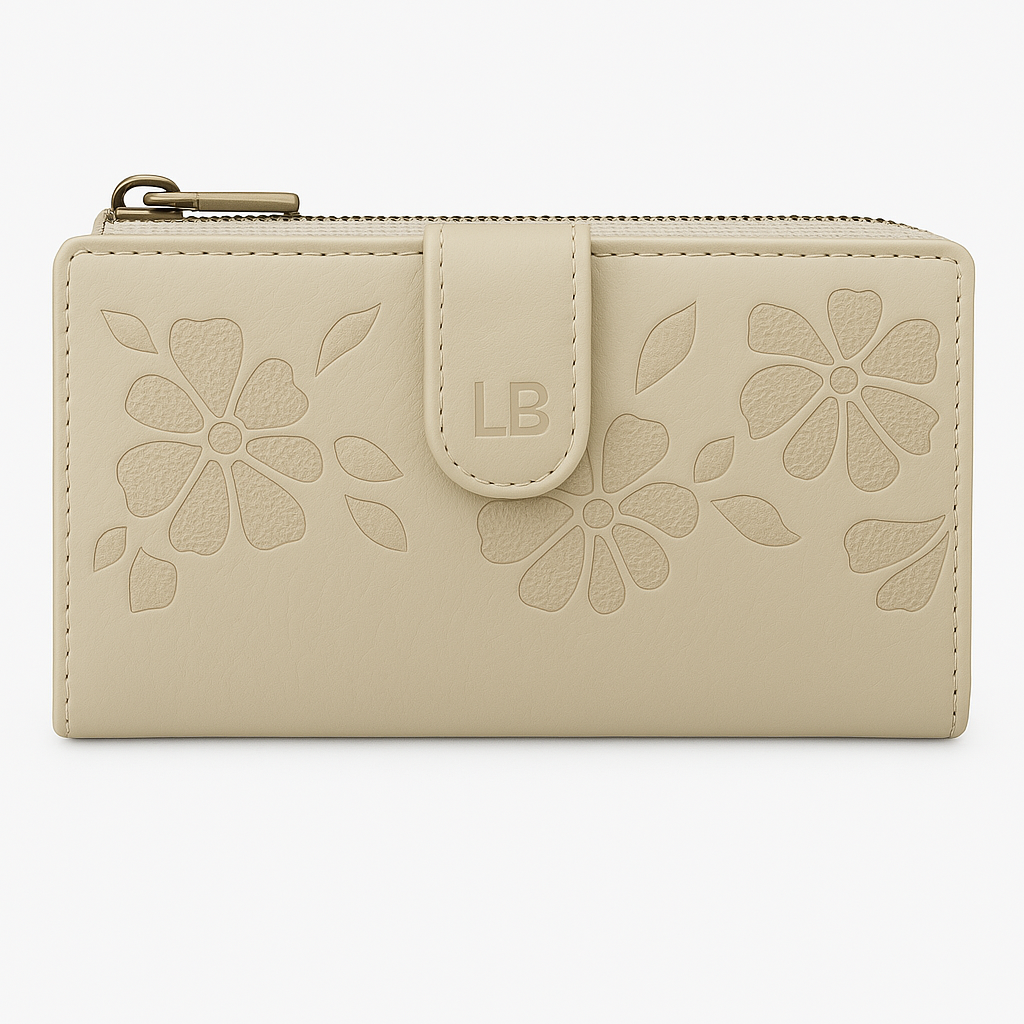 Portafoglio da donna in ecopelle beige con fiori in rilievo, modello ART 21, chiusura con zip e bottone.