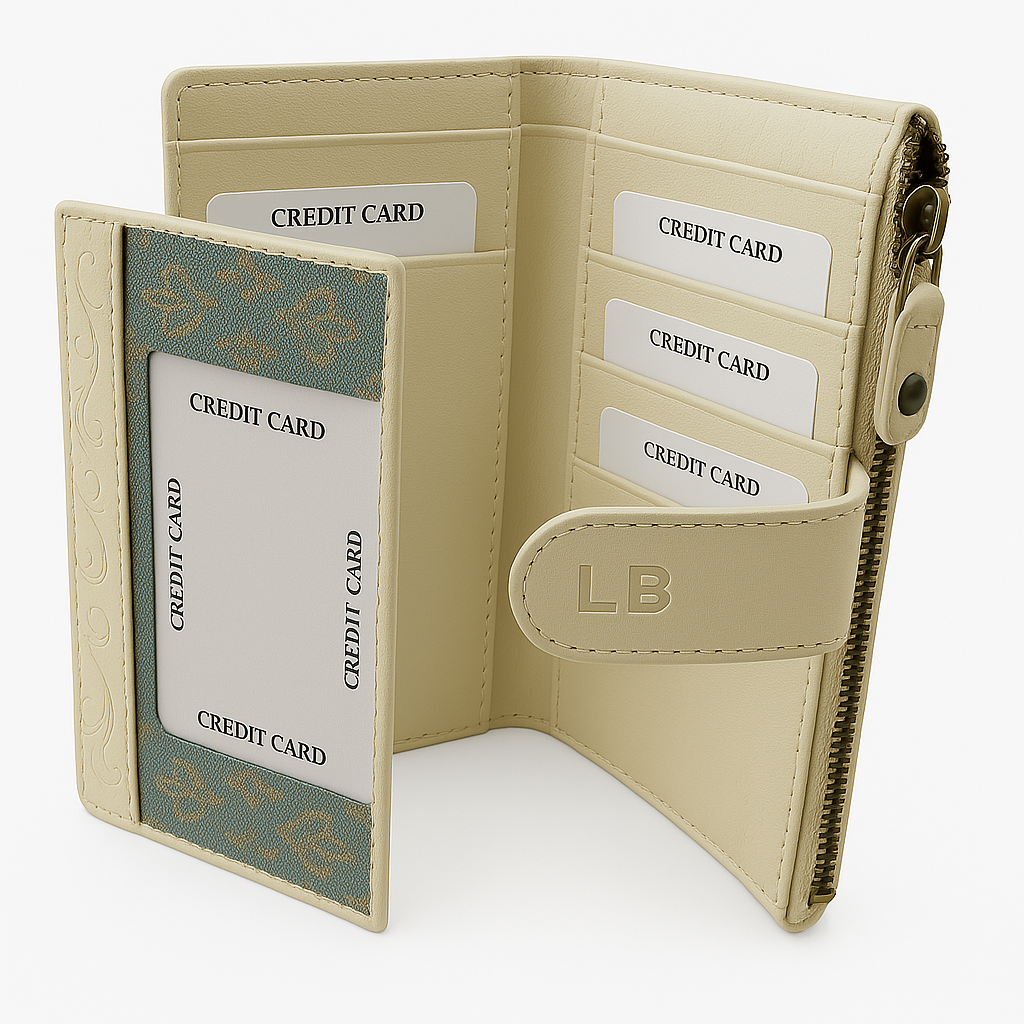 Interno portafoglio beige con scomparti per carte, finestra trasparente e tasca zip laterale.