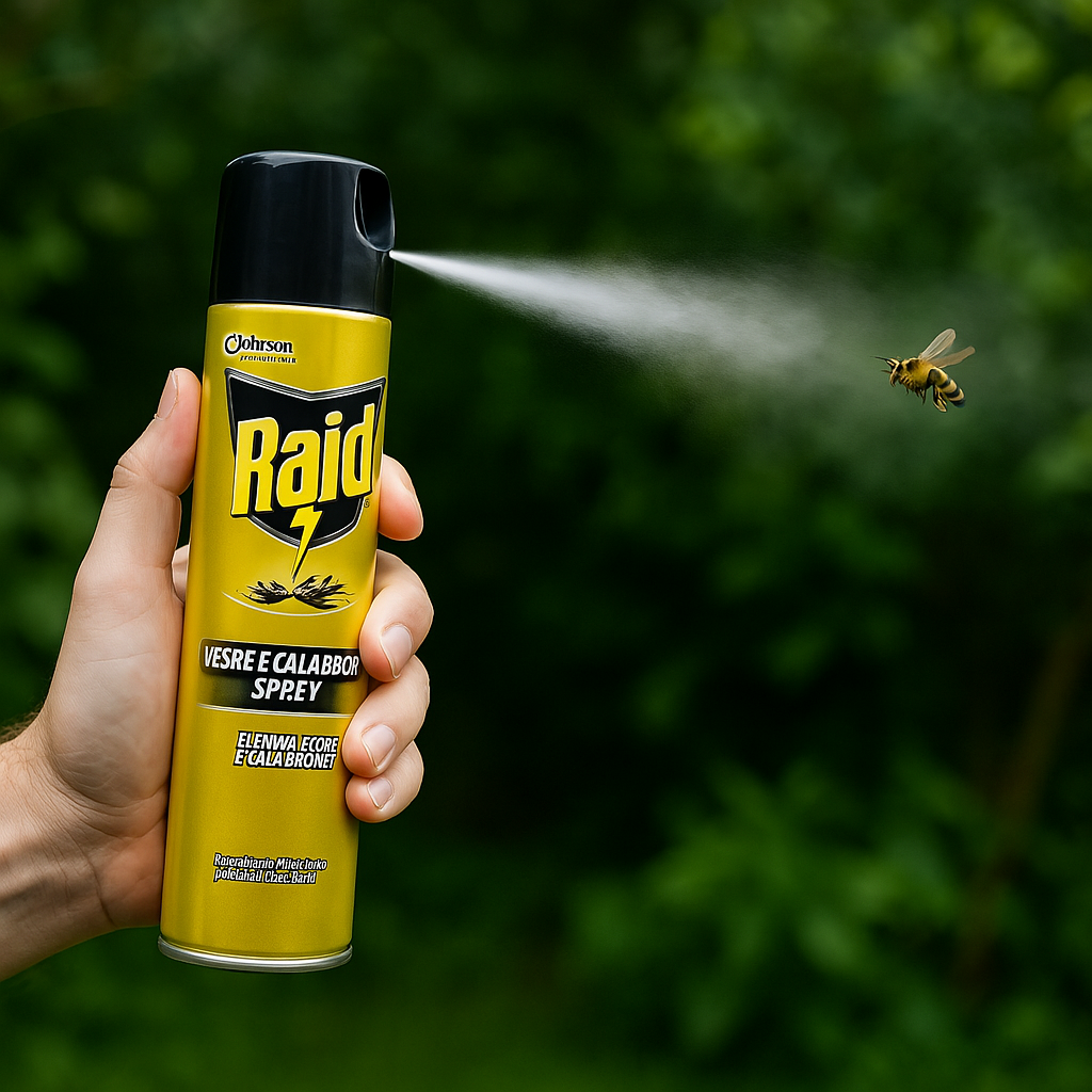 Spray Raid per vespe e calabroni in uso all'aperto, con mano che spruzza il prodotto su un insetto in volo