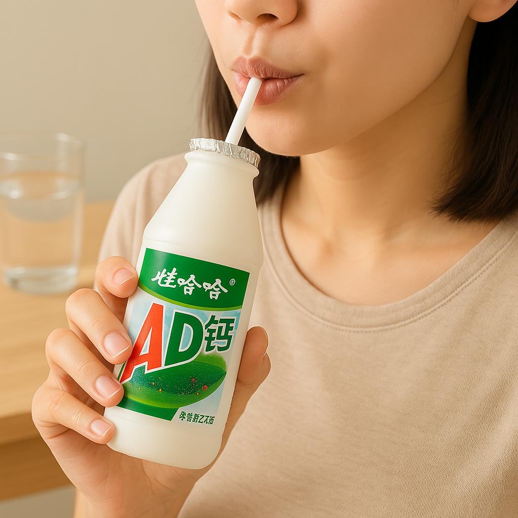Ragazza che beve latte Wahaha AD钙奶 con cannuccia