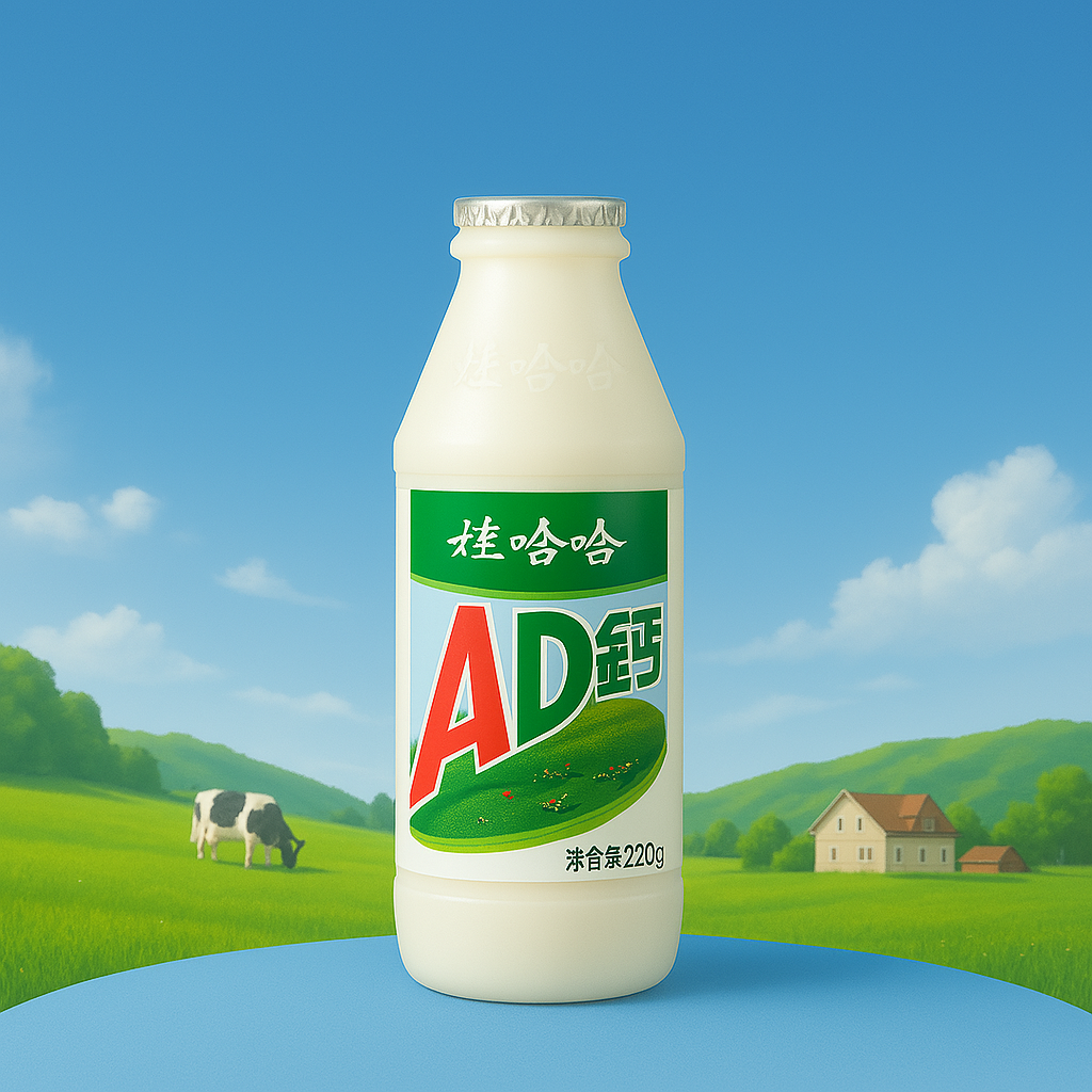 Bottiglia singola di latte Wahaha AD钙奶 da 220g su sfondo naturale