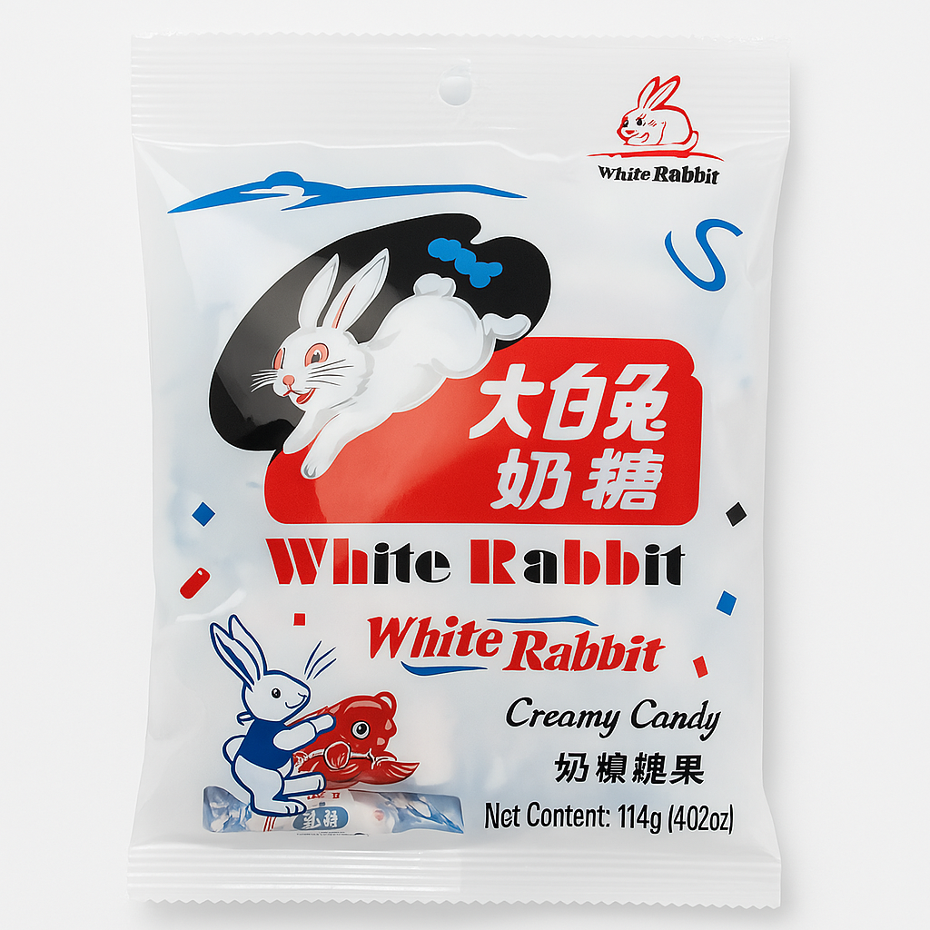 Confezione chiusa di caramelle al latte White Rabbit da 114g su sfondo bianco