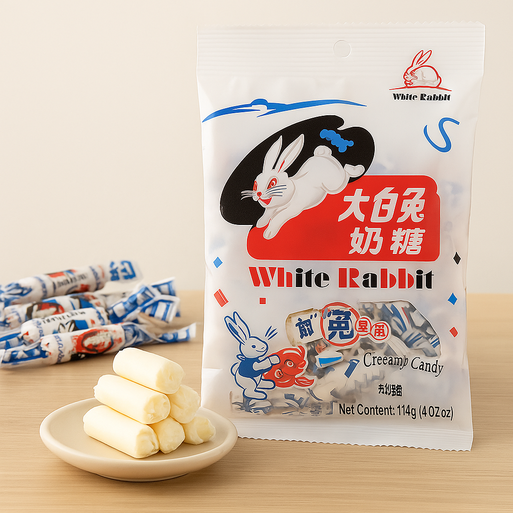 Busta di caramelle White Rabbit da 114g con caramelle sciolte su piattino in primo piano