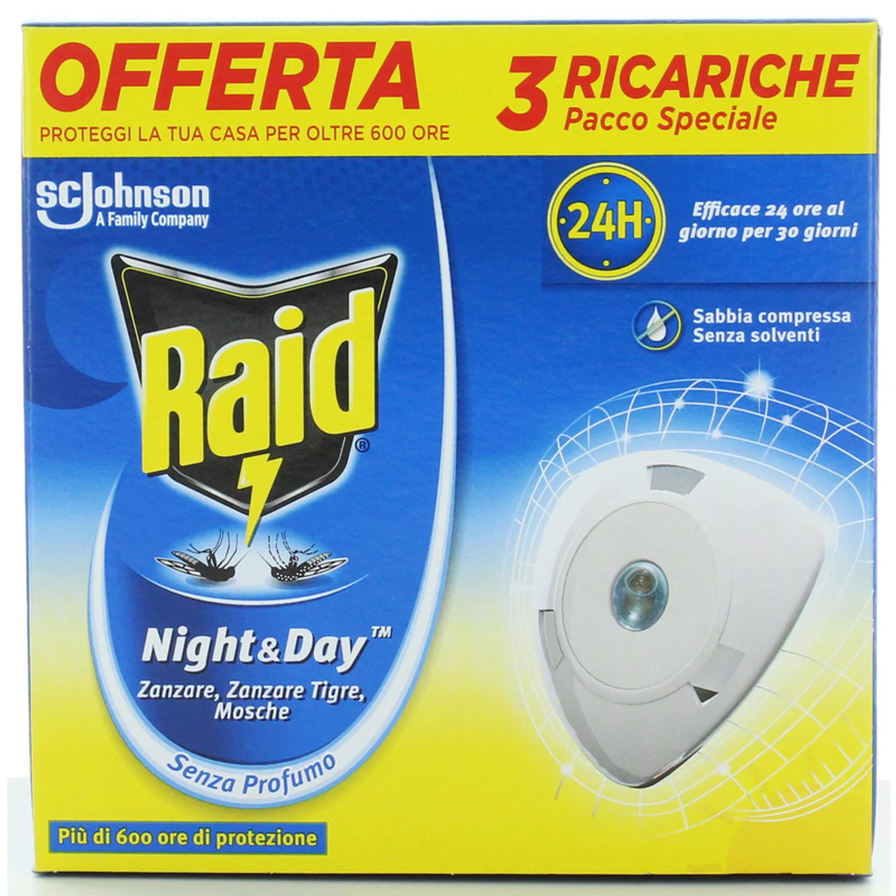 Raid Night&Day Elettrico 3 Ricariche Per Zanzara Tigre e Comune