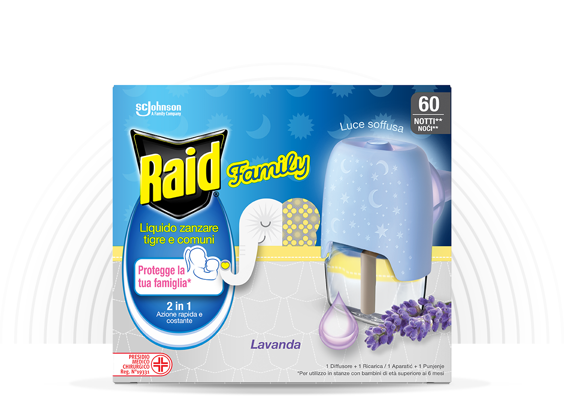 Raid Family Diffusore Elettrico + Ricarica Liquida 60 Notti Lavanda