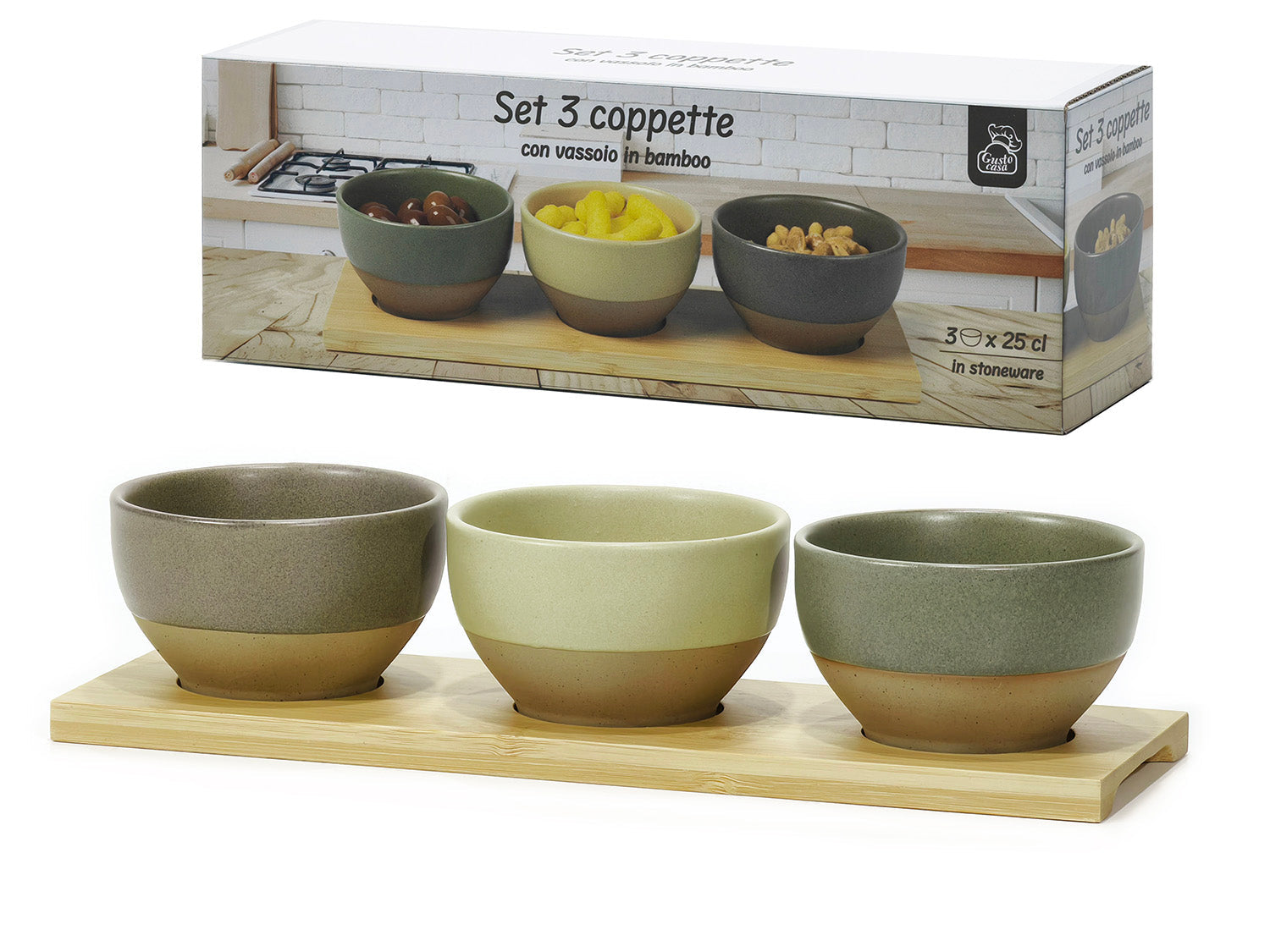 Set 3 Ciotole in Stoneware con Vassoio in Bamboo - 25cl