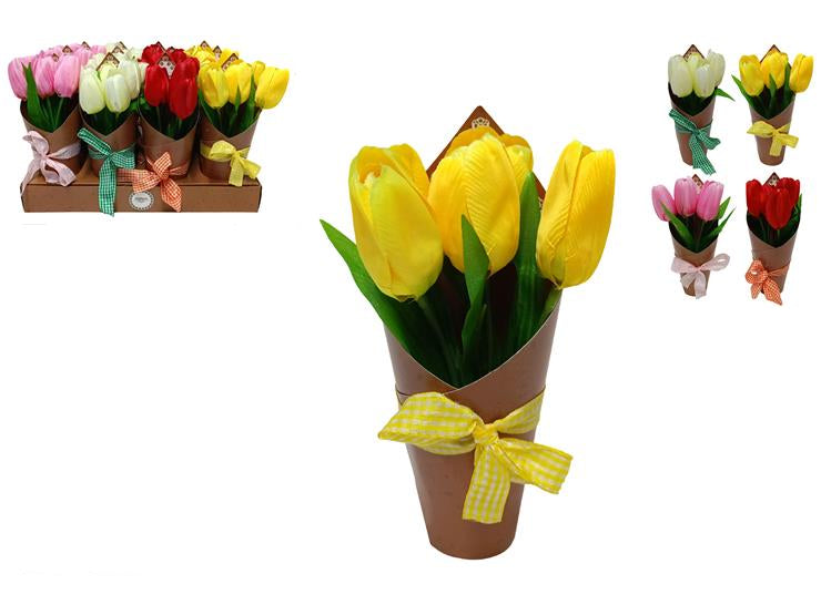 Piantina Tulipani con Cartoncino e Fiocco – 23 cm – Decorazione Floreale Realistica