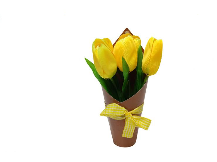 Piantina Tulipani con Cartoncino e Fiocco – 23 cm – Decorazione Floreale Realistica