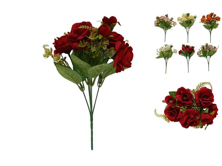 Mazzo di Roselline Artificiali 30 cm - 6 Colori Assortiti