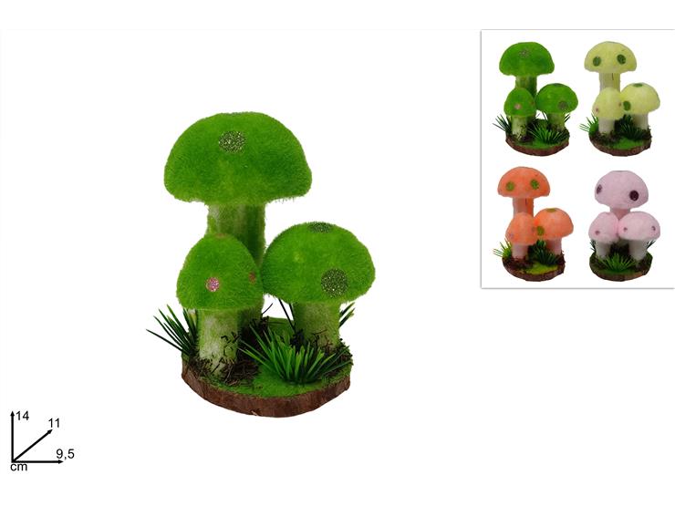 Set Funghi Decorativi in Polistirolo Floccati - 14 cm - 4 Colori Assortiti