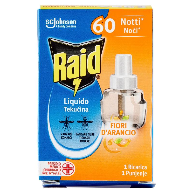 Raid Insetticida Zanzare Liquido Ricarica Fiori d'Arancio 60 Notti