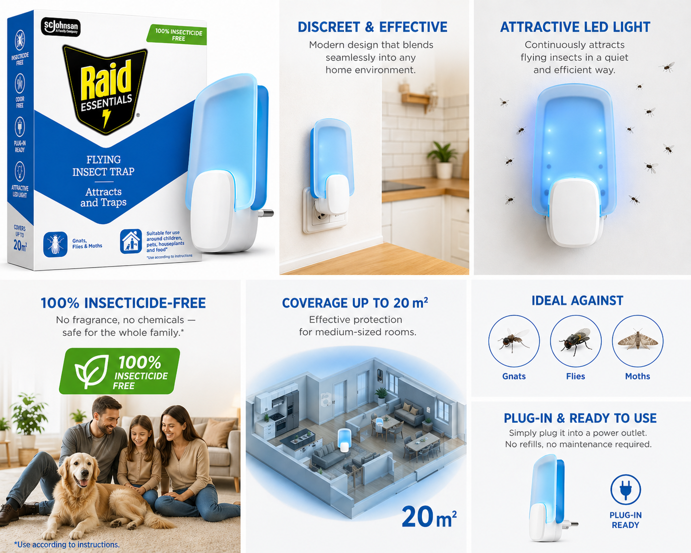 Raid Essentials Trappola per Insetti Volanti Plug-In 100% Senza Insetticida